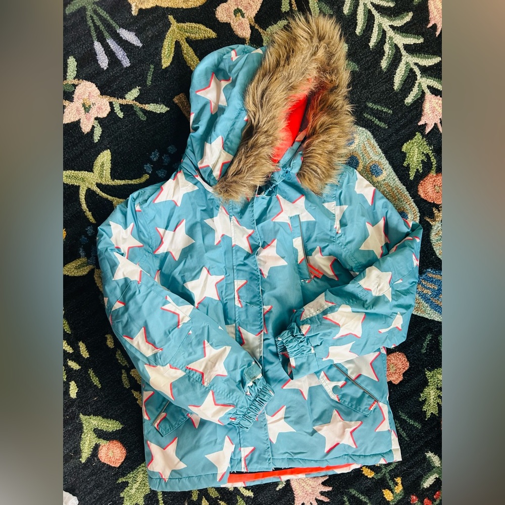 Mini Boden Girls All-weather Waterproof Jacket 11-12y Blue/white/orange stars